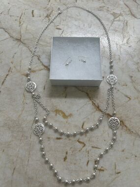 Elegant Silver Pearl Long Necklace with Matching Earrings